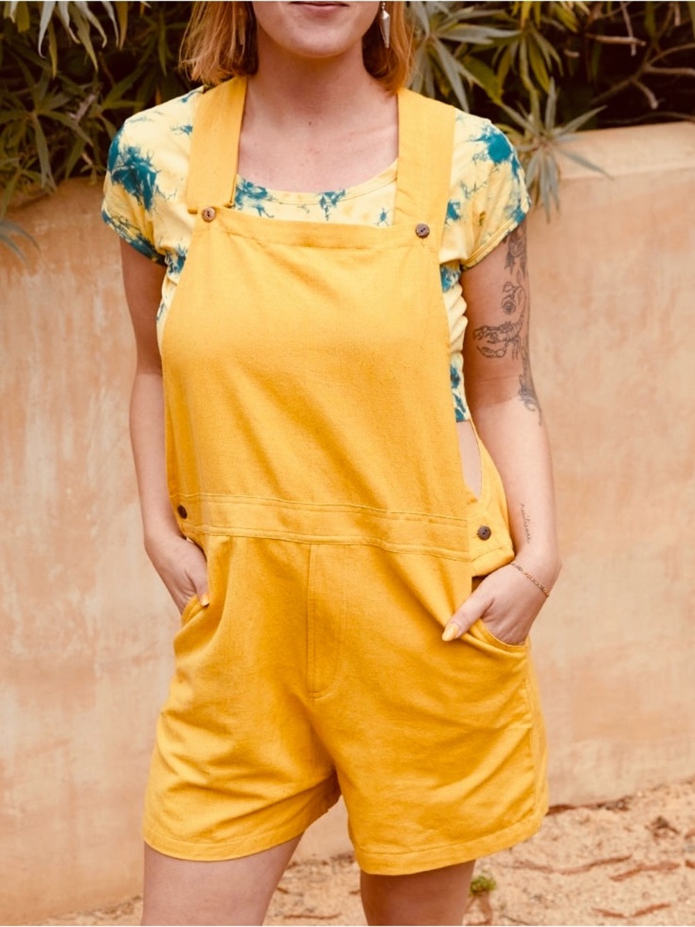 ZIG ZAG Mustard Yellow Cotton Short Overalls, pockets in S/M and M/L sizes NWT